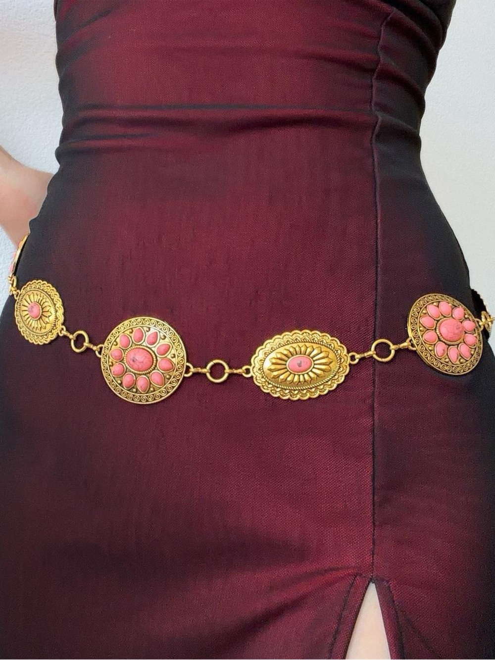 Gold bohemian floral retro pink stone western metal waist body chain belt
